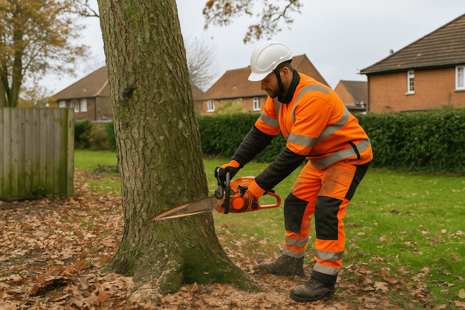 Tree surgeon in high-vis safety gear using a chainsaw to carry out tree felling in King’s Lynn garden