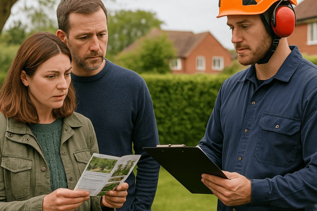 Arborist in King’s Lynn showing a couple tree care options on a clipboard while they review information in their garden