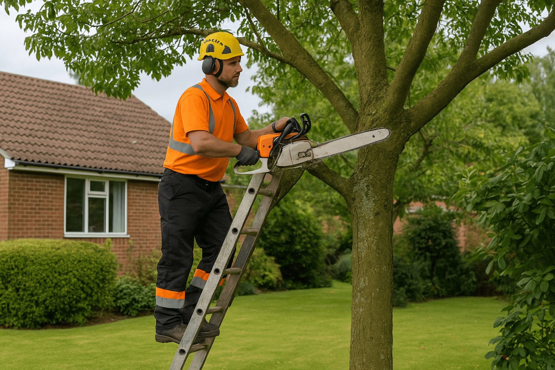 Private tree surgeon in King’s Lynn using a chainsaw to prune a tree safely in a residential garden