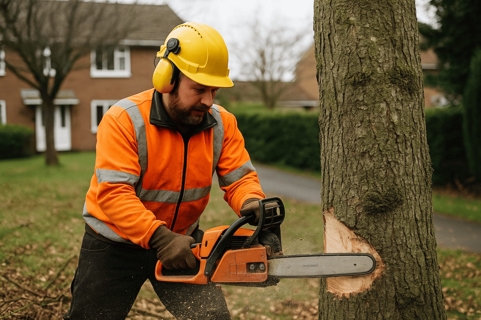 Tree surgeon in high-vis clothing cutting a large tree with a chainsaw during professional tree cutting in King’s Lynn