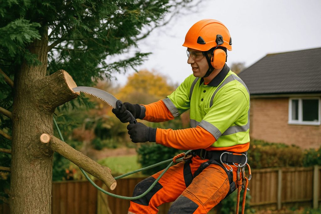 Tree surgeon in high-vis safety gear pruning a branch in King’s Lynn, representing professional king tree services